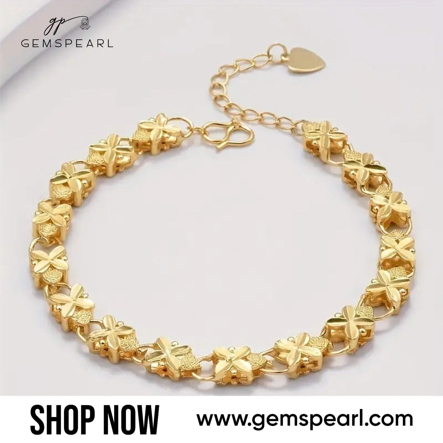 24K Gold Plated Shimmering Lucky Clover Heart Bracelet - Golden Luxury Charm