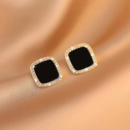 Elegant Black Square Stud Earrings with Sparkling Rhinestones